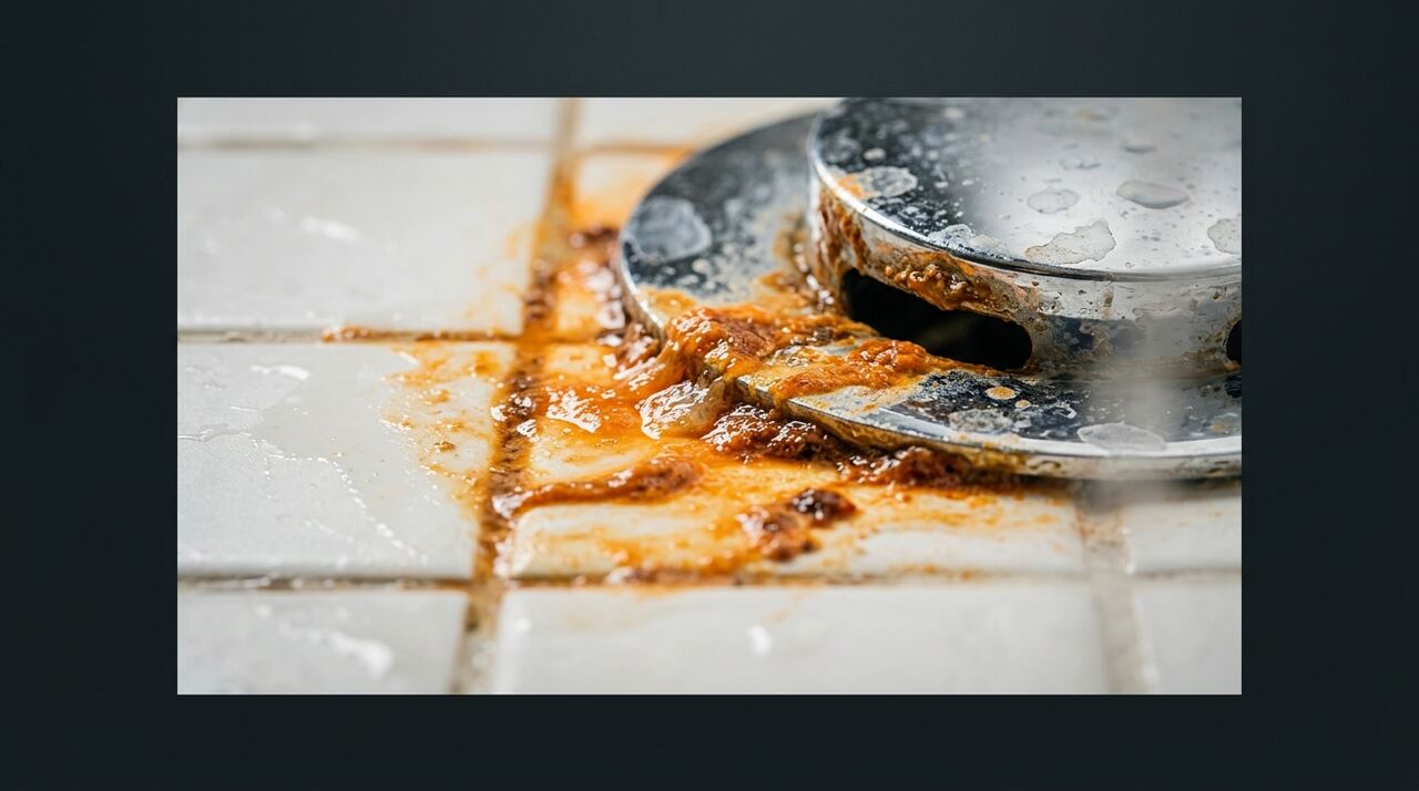 Orange mold and bacterial film on a damp bathroom surface