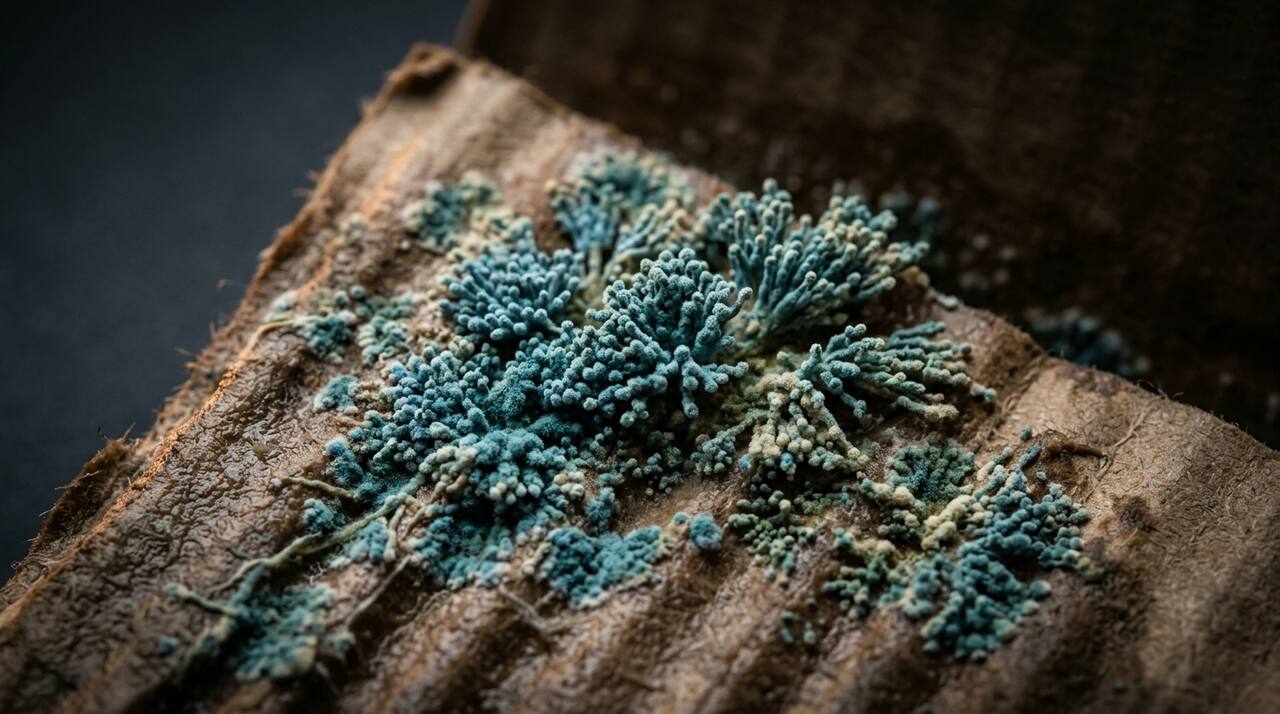 Blue-green Penicillium mold on a damp indoor wall