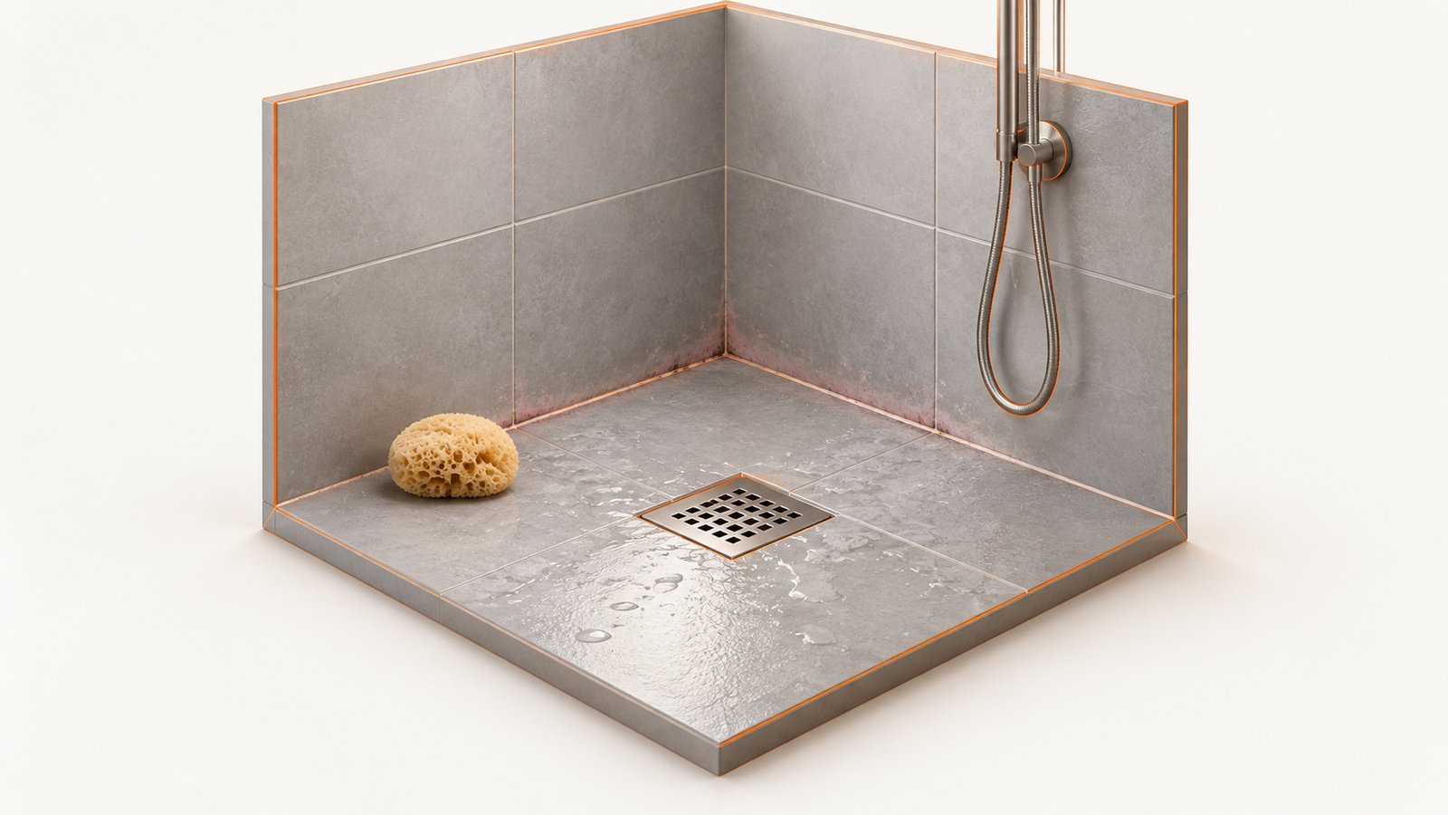 Damp bathroom wall and shower corner with reddish-orange film on grout, beside a bathroom sponge and a spray bottle