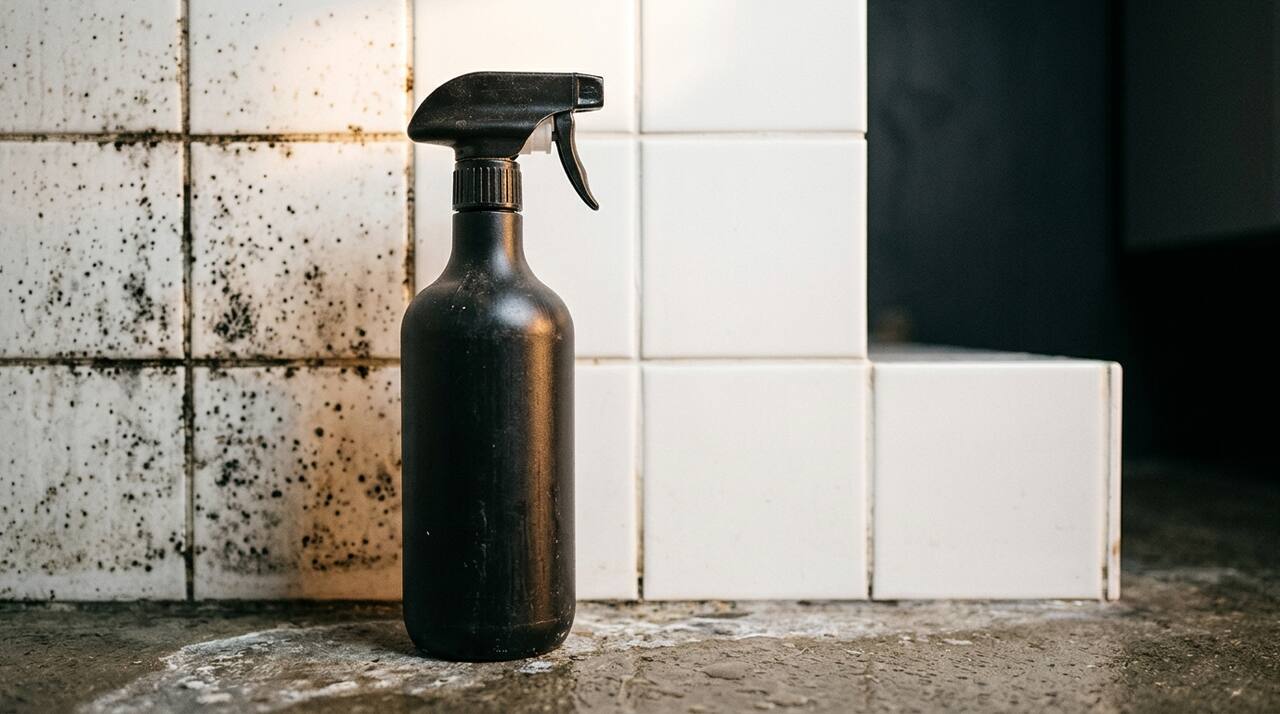 A spray bottle pointed at black mold stains on a wood ceiling joist