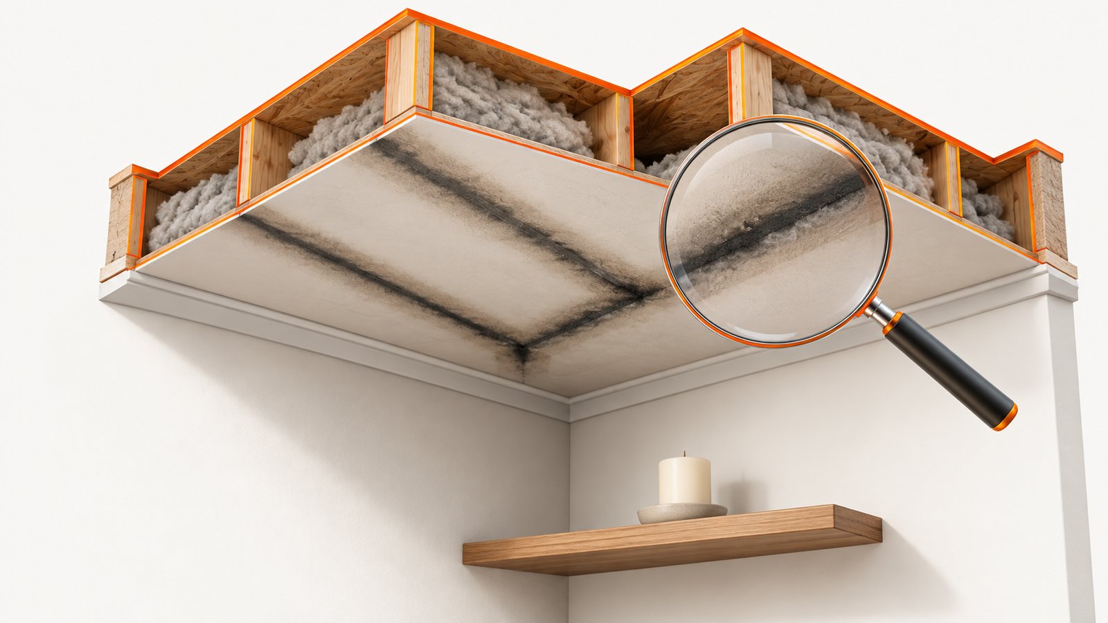 A ceiling corner with dark streaks along its framing lines, a candle, and a magnifying glass