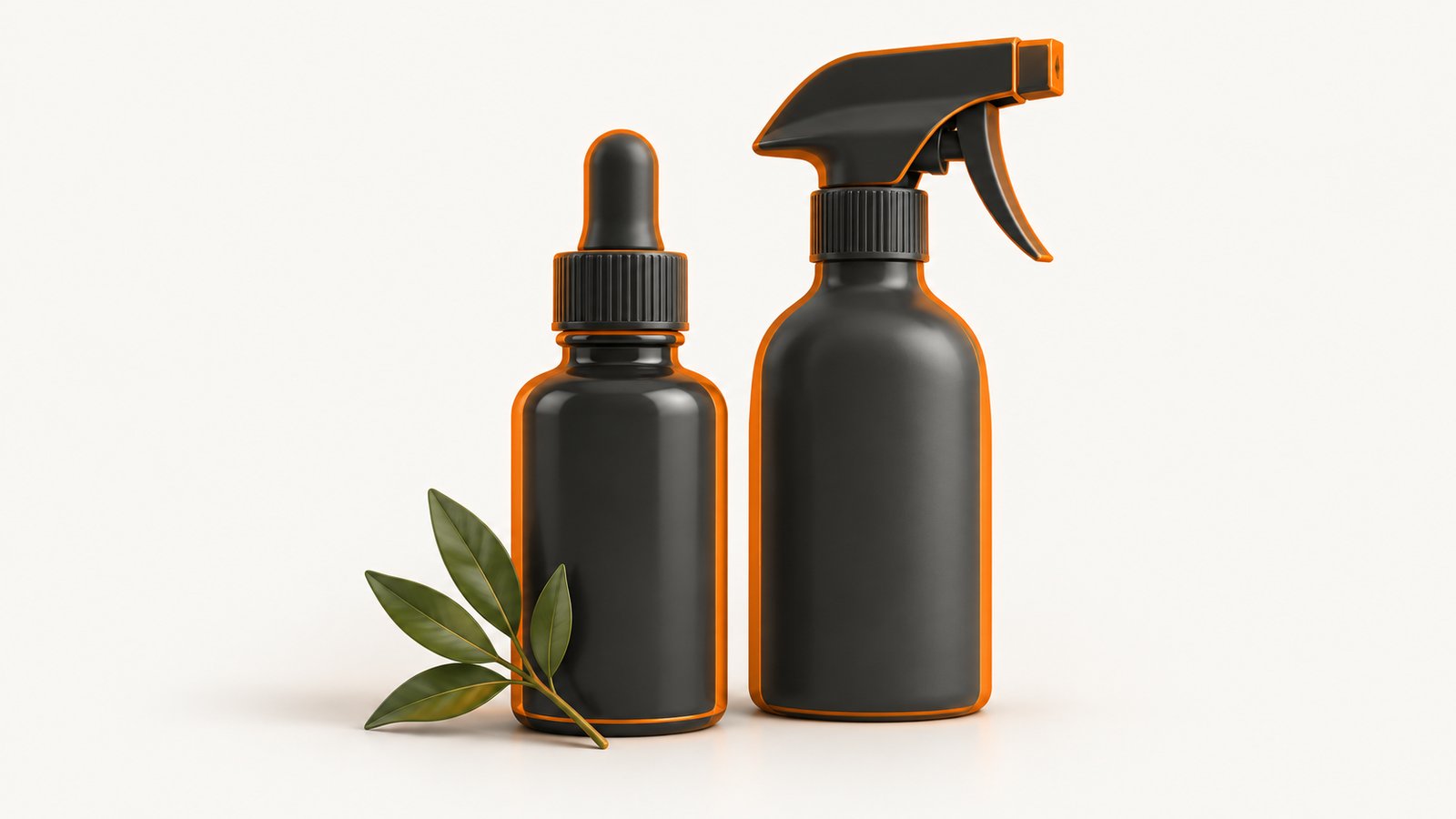 A dropper bottle of tea tree oil beside a spray bottle prepared for cleaning a hard surface