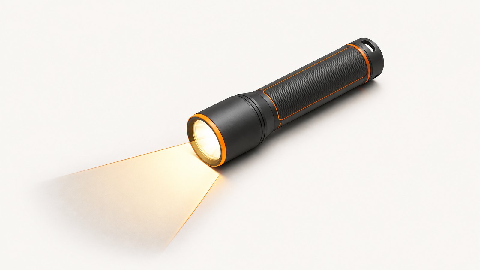 A handheld tubular lamp projecting a narrow cone of light across a surface with a shadowed area just beyond the cone