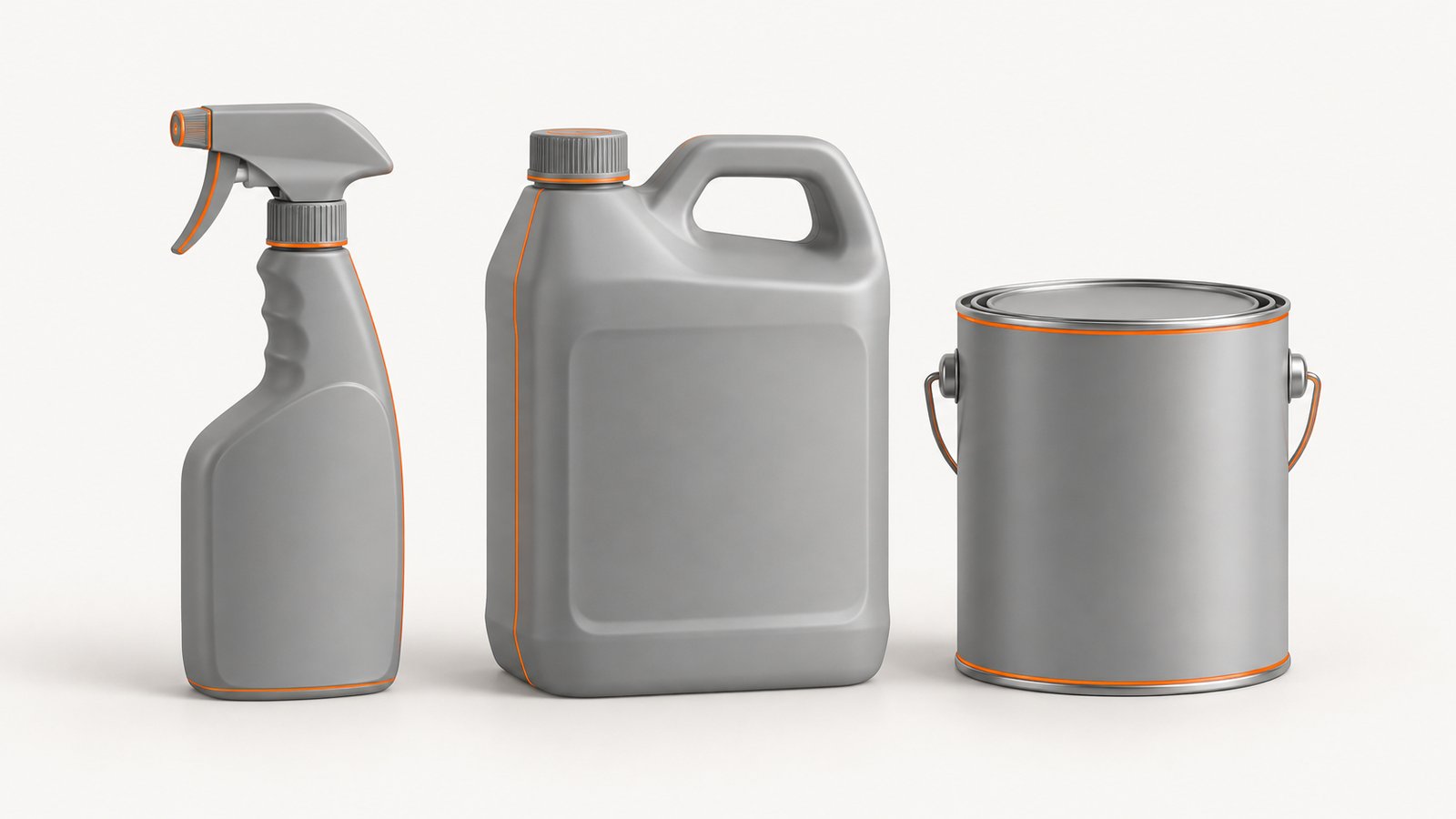 Several household cleaning bottles and a primer can arranged on a work surface