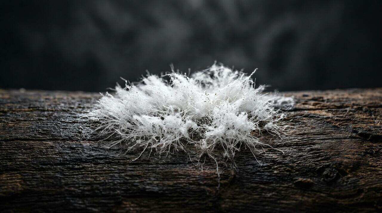 White mold growing in fuzzy patches on a damp indoor wall