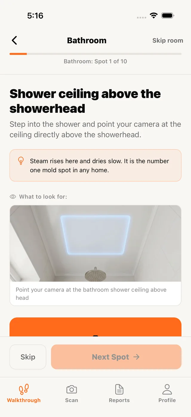 Mold Scanner walkthrough screen: Bathroom spot 1 of 10, shower ceiling above the showerhead
