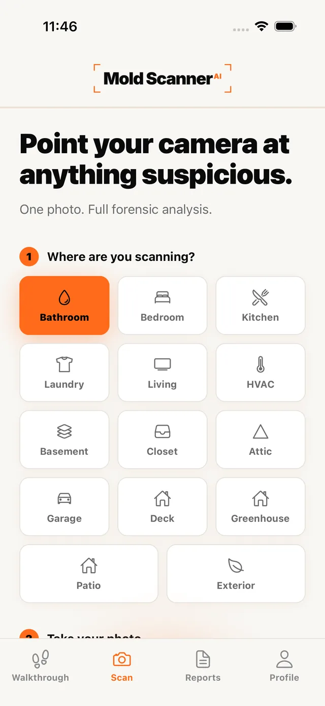 Mold Scanner scan screen: point your camera at anything suspicious, 14 room types