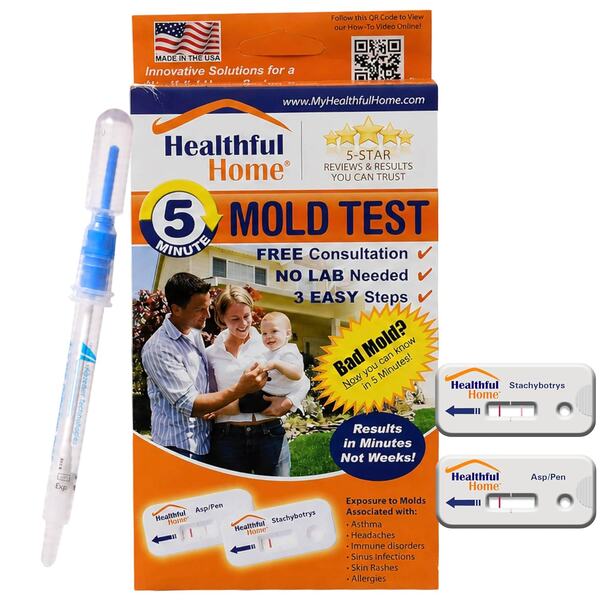 Healthful Home 5-Minute Mold Test kit box with sample swab and the Asp/Pen and Stachybotrys test cassettes