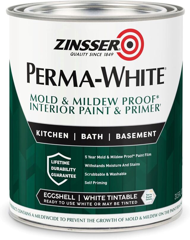 Zinsser Perma-White Mold and Mildew Proof Interior Paint and Primer, eggshell white quart can