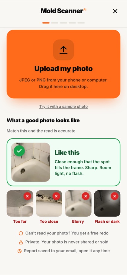 Upload a photo of the spot, with examples of a good photo and four bad ones