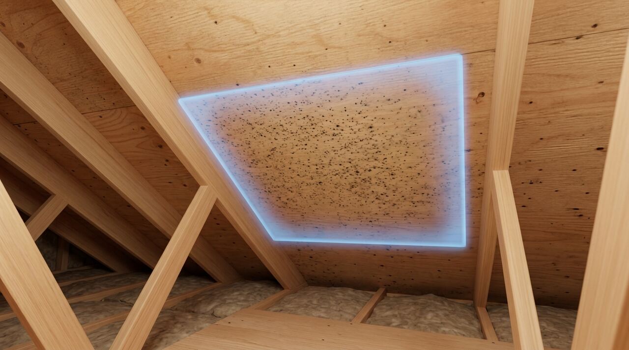 In-app reference photo of attic roof sheathing with a glowing scan target