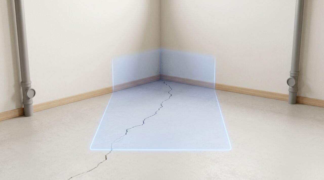 In-app reference photo of basement floor corners with a glowing scan target