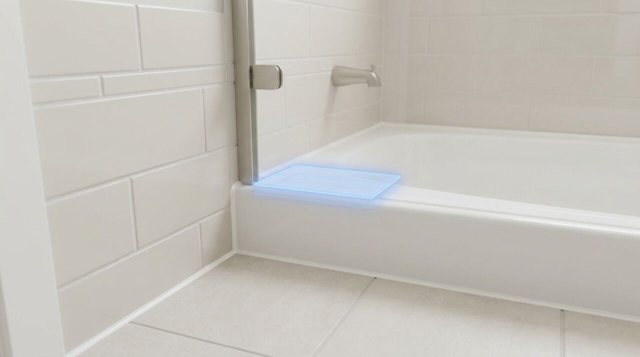 In-app reference photo of shower caulk joints with a glowing scan target