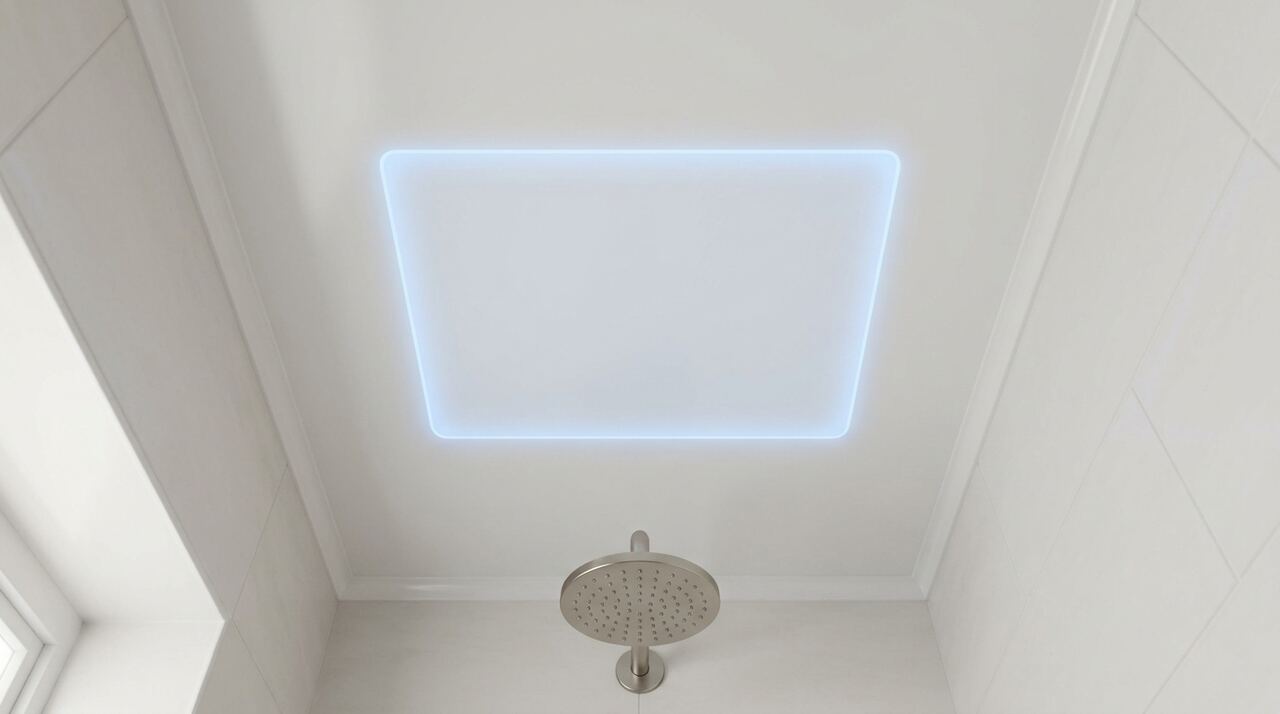 In-app reference photo of a bathroom shower ceiling above the showerhead with a glowing blue scan target overlay