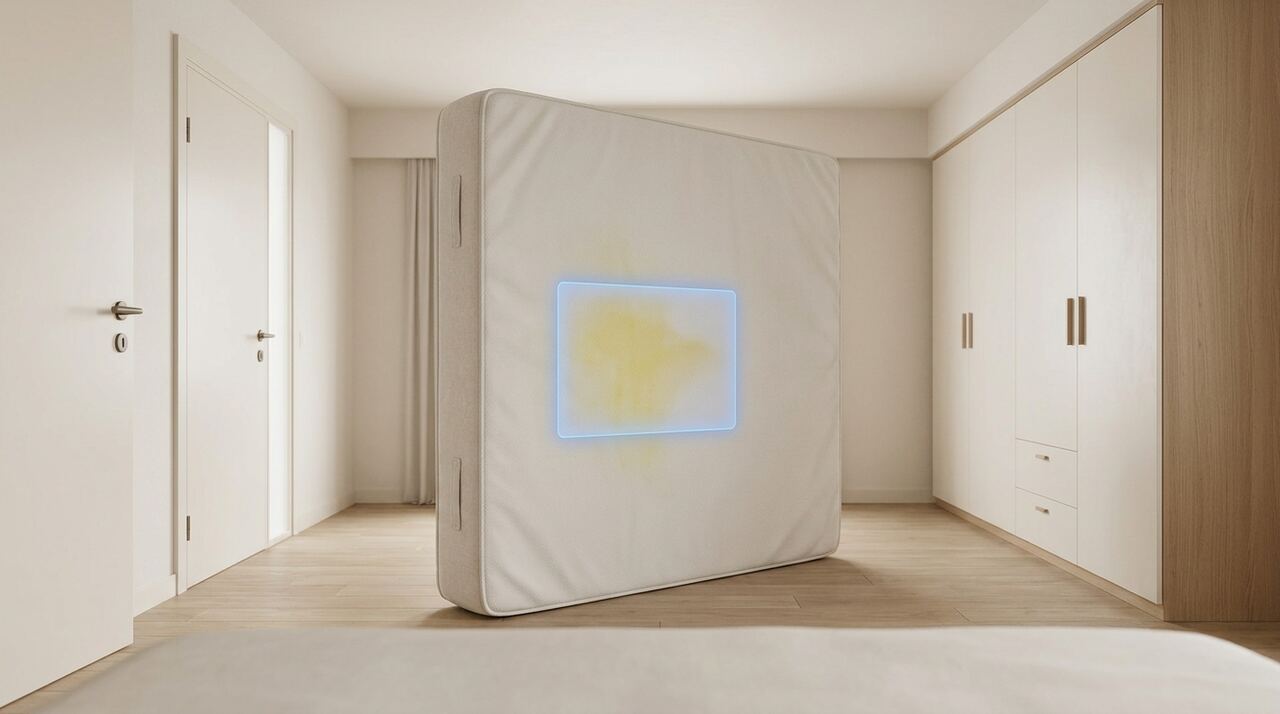 In-app reference photo of the underside of a mattress with a glowing scan target
