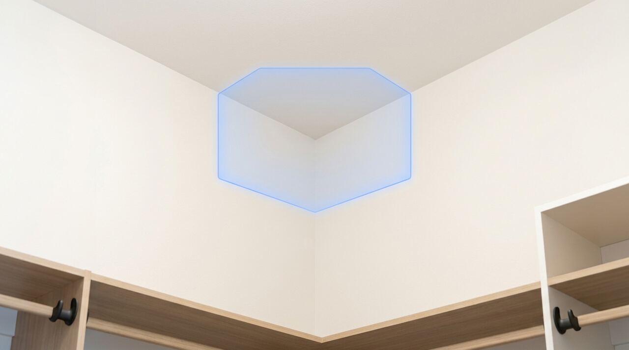 In-app reference photo of a walk-in closet ceiling corner with a glowing scan target