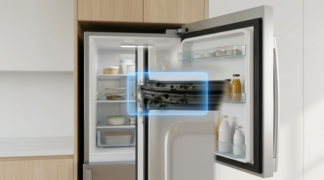 In-app reference photo of a refrigerator door gasket with a glowing scan target