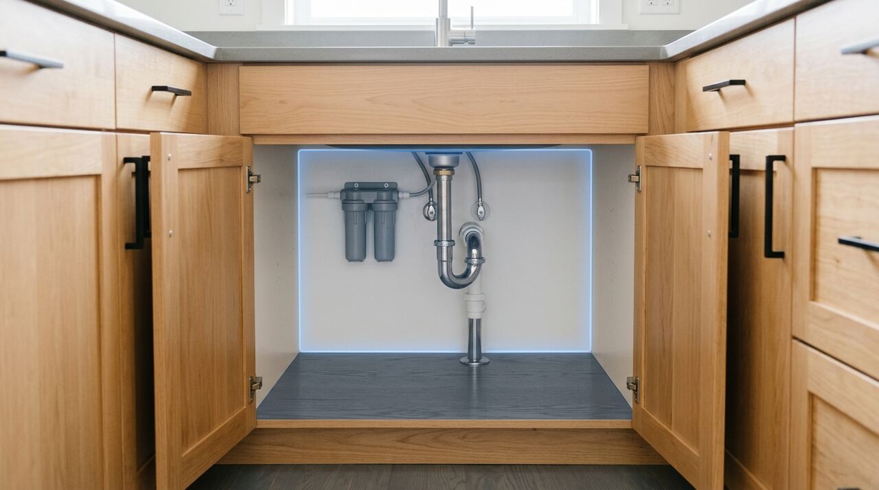 In-app reference photo of under the kitchen sink with a glowing scan target