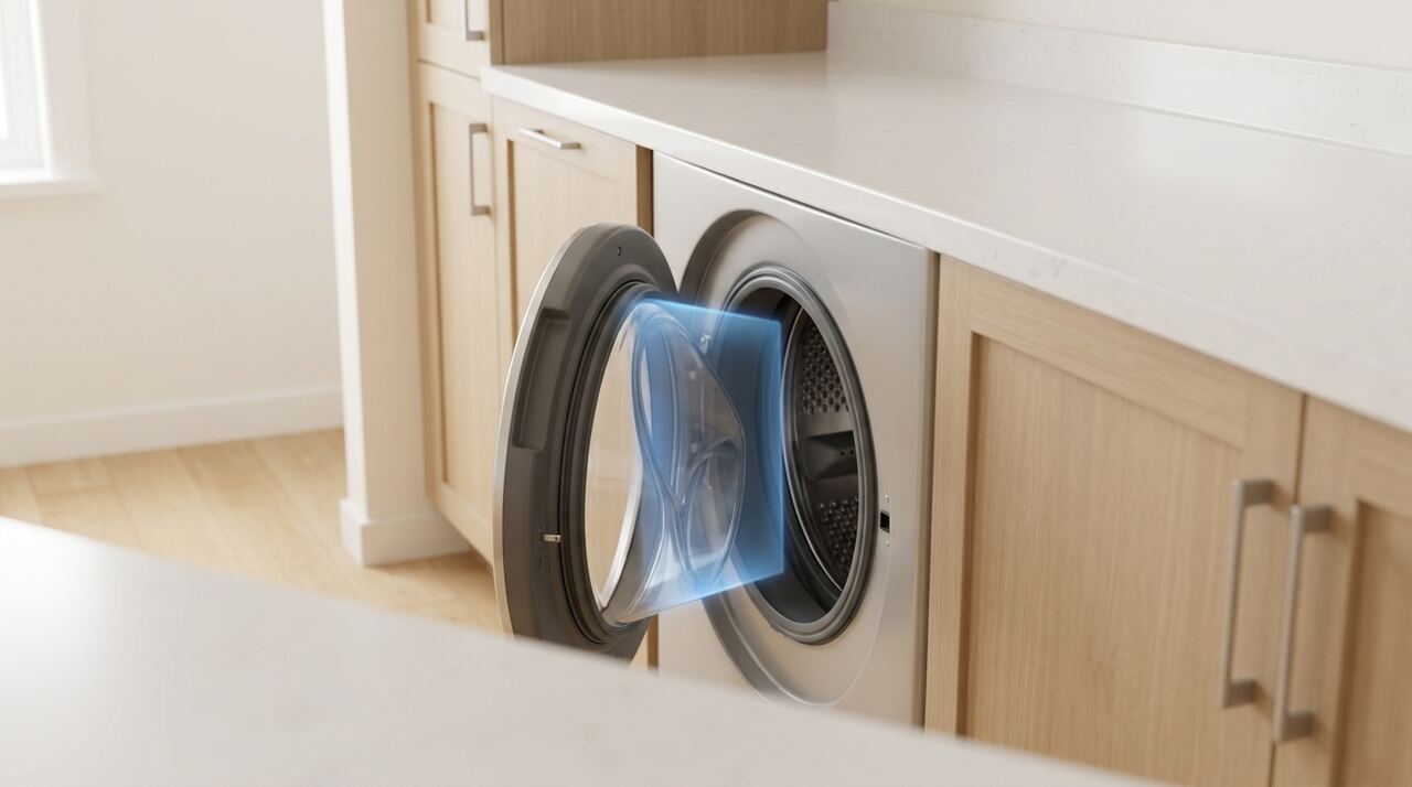 In-app reference photo of a front-loading washer door gasket with a glowing scan target