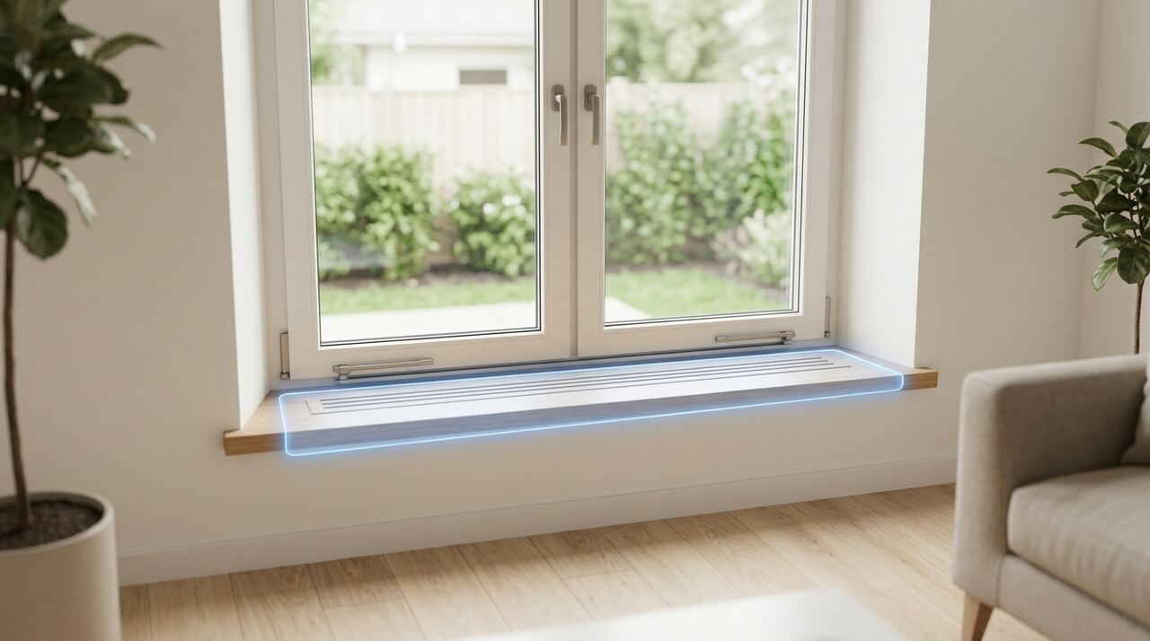 In-app reference photo of a living room window sill with a glowing scan target