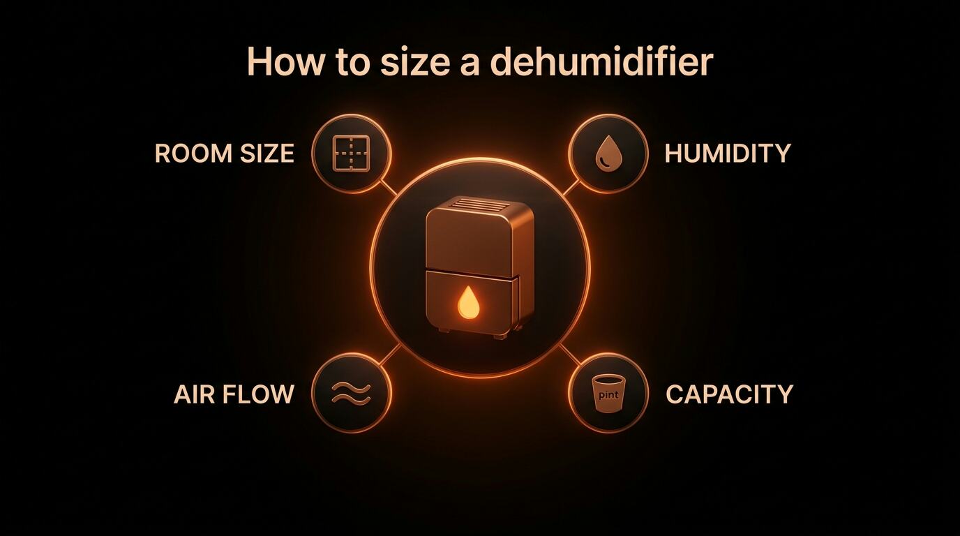 Four factors visualized for the dehumidifier size calculator tool