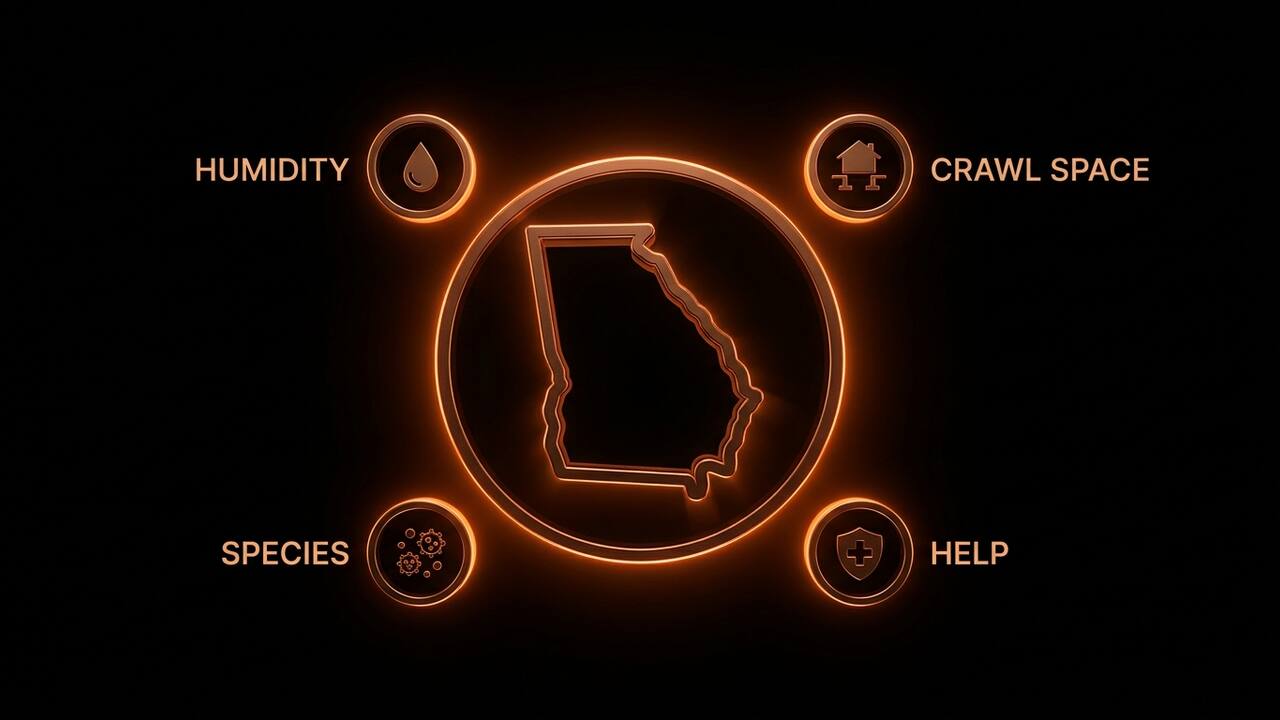 Four Georgia-specific mold factors: summer humidity, thunderstorm rainfall, crawl space construction, and state health guidance