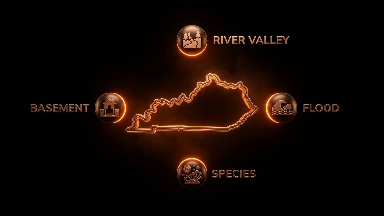 Four Kentucky-specific mold factors: river-valley humidity, flood exposure, local species, and legal context