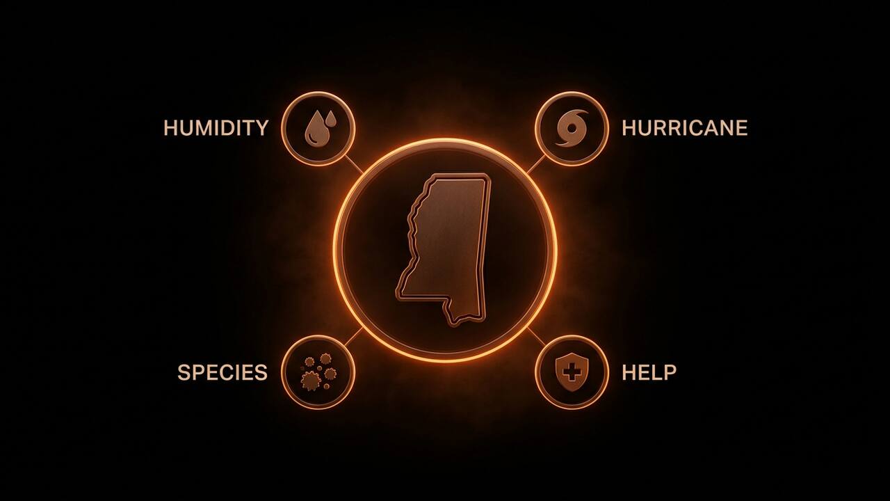 Four Mississippi-specific mold factors: humidity, hurricane and flood seasons, local species, and legal context