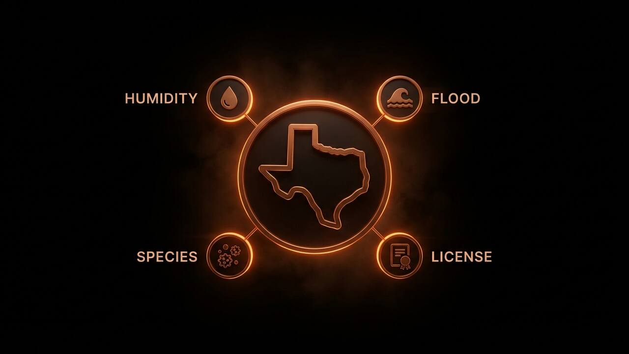 Four Texas-specific mold factors: humidity gradient, hurricane season, local species, and TDLR licensing